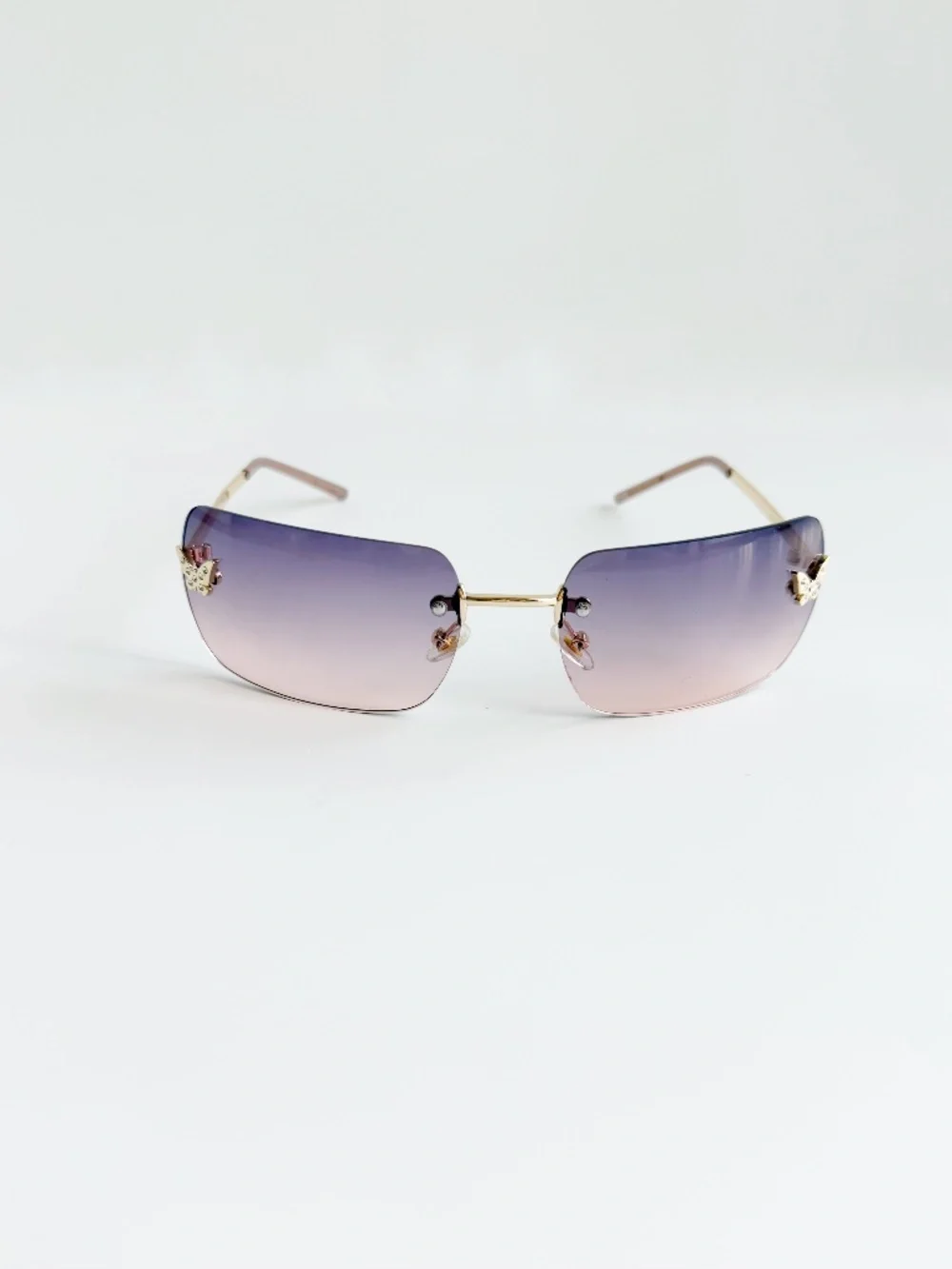 Y2K Rimless Purple Gradient Sunglasses Rhinestone Butterfly Gold Tone Retro